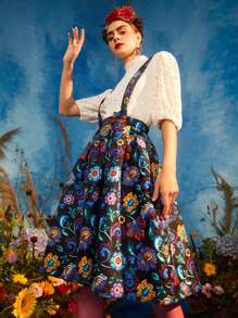 CW2 Frida Kahlo X SHEIN X Designer Lace Puff Sleeve Blouse & Floral Print Pleated Satin Pinafore Skirt - Multicolor - View 5
