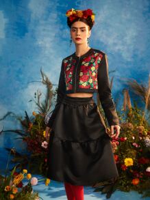 Redefinition Frida Kahlo X SHEIN X Designer Zip Up Floral Print Jacket & Ruffle Hem Skirt - Multicolor - View 5
