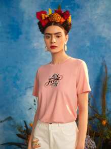 Leslie Samano Frida Kahlo X SHEIN X Designer 花卉和字母圖案T恤 - 珊瑚粉 - 查看 6