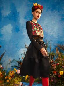 Redefinition Frida Kahlo X SHEIN X Designer Zip Up Floral Print Jacket & Ruffle Hem Skirt - Multicolor - View 6