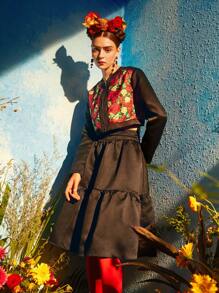Redefinition Frida Kahlo X SHEIN X Designer Zip Up Floral Print Jacket & Ruffle Hem Skirt - Multicolor - View 7