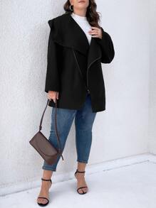 EMERY ROSE Chaqueta Con Capucha De Color Sólido De Talla Grande Con Diseño De Cremallera Oblicua - Negro - Ver 5