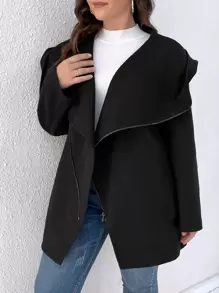 EMERY ROSE Chaqueta Con Capucha De Color Sólido De Talla Grande Con Diseño De Cremallera Oblicua - Negro - Ver 6