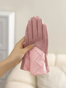 1pair Knitted Suede Warm Gloves - Pink - View 1