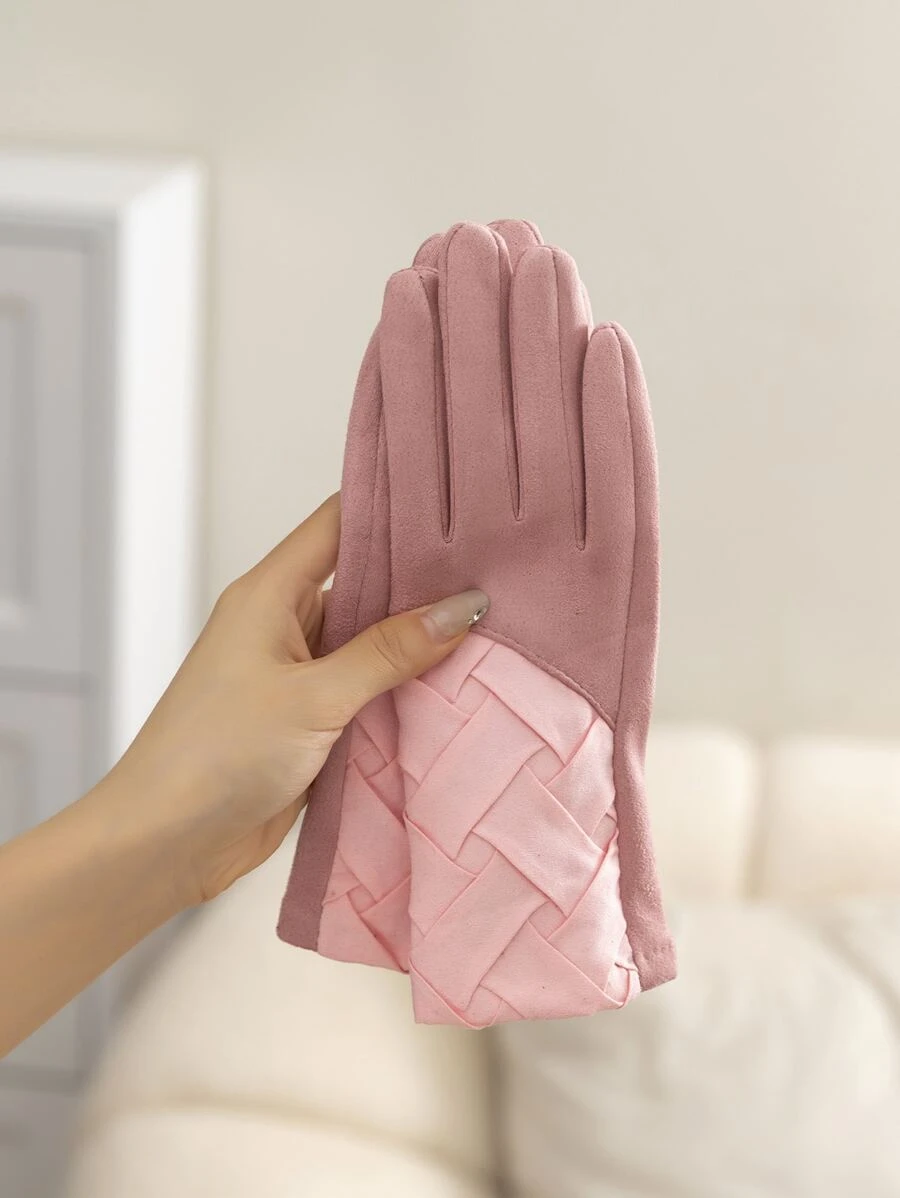 1pair Knitted Suede Warm Gloves - Pink - View 1