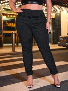 SHEIN Privé Pantalones ajustados fruncido brillante - Negro - Ver 4