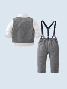 Set 3 piese ținute pentru băieți mici: cămașă cu mânecă lungă și fundă, vestă și pantaloni, potrivit pentru petrecere de ziua de naștere, evenimente formale, nuntă, petrecere pentru copii