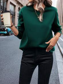 INAWLY Solid Round Neck Thermal Pullover,Long Sleeve Tops - Dark Green - View 4