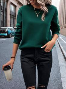 INAWLY Solid Round Neck Thermal Pullover,Long Sleeve Tops - Dark Green - View 5