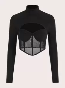 SHEIN ICON Cut Out Contrast Mesh Bandana Hem Crop Glitter Top - Black - View 1