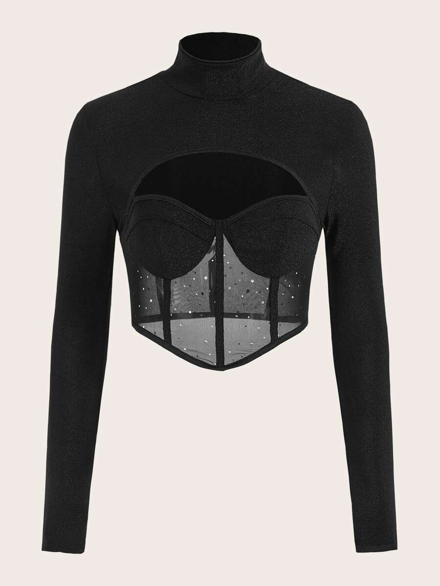 SHEIN ICON Cut Out Contrast Mesh Bandana Hem Crop Glitter Top - Black - View 1