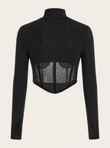 SHEIN ICON Cut Out Contrast Mesh Bandana Hem Crop Glitter Top - Black - View 2