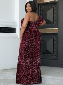 seomiscky Plus Sequin Ruffle Trim Split Thigh One Shoulder Dress - Maroon - View 2