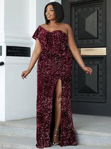 seomiscky Plus Sequin Ruffle Trim Split Thigh One Shoulder Dress - Maroon - View 6