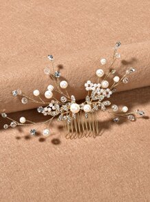 Faux Pearl & Rhinestone Decor Wedding Hair Pin - Gold - View 2