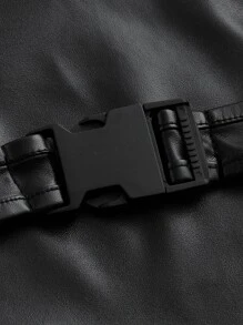 ROMWE PUNK 大碼素色PU皮革帶扣細節短款繞頸襯衫 - 黑色 - 查看 3