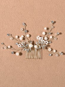 Faux Pearl & Rhinestone Decor Wedding Hair Pin - Gold - View 3