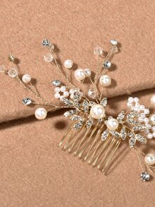 Faux Pearl & Rhinestone Decor Wedding Hair Pin - Gold - View 4