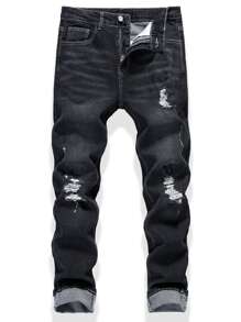 Manfinity Roughcore Men Cotton Bleach Wash Ripped Frayed Jeans - Black - View 1