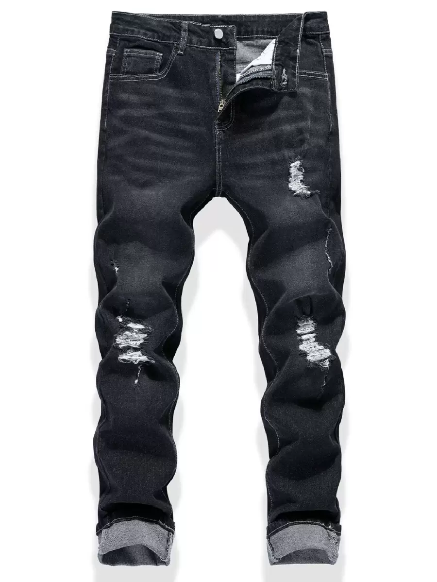 Manfinity Roughcore Men Cotton Bleach Wash Ripped Frayed Jeans - Black - View 1