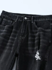 Manfinity Roughcore Men Cotton Bleach Wash Ripped Frayed Jeans - Black - View 6