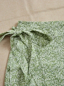 Dreamara Plus Size Boho Puff Sleeve Top & Ditsy Floral Wrap Skirt Set, For Summer - Mint Green - View 4