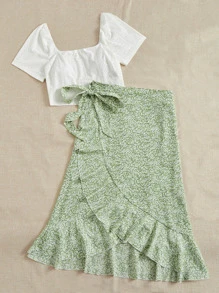 Dreamara Plus Size Boho Puff Sleeve Top & Ditsy Floral Wrap Skirt Set, For Summer - Mint Green - View 5