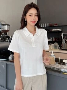 DAZY Polo Neck Ribbed Knit Tee,Business Casual Women Preppy Tops - White - View 3