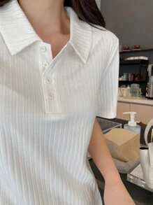 DAZY Polo Neck Ribbed Knit Tee,Business Casual Women Preppy Tops - White - View 4