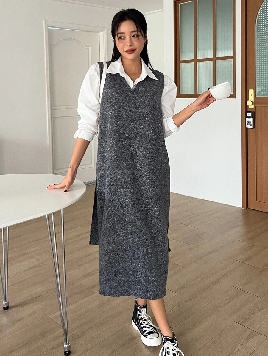DAZY Split Hem Jumper Dress Without Blouse - Dark Grey - View 1