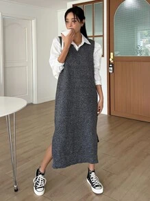 DAZY Split Hem Jumper Dress Without Blouse - Dark Grey - View 2
