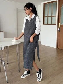 DAZY Split Hem Jumper Dress Without Blouse - Dark Grey - View 3