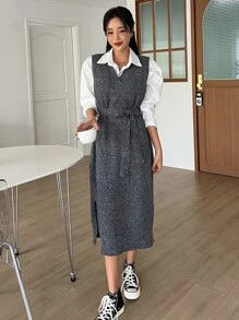 DAZY Split Hem Jumper Dress Without Blouse - Dark Grey - View 4