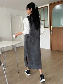 DAZY Split Hem Jumper Dress Without Blouse - Dark Grey - View 8