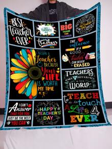 1pc Floral & Slogan Graphic Flannel Blanket - Multicolor - View 2