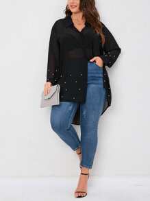 Camisa con cuenta de perla bajo irregular de gasa sin sujetador