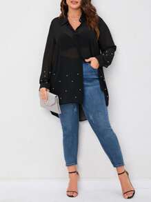 Camisa con cuenta de perla bajo irregular de gasa sin sujetador