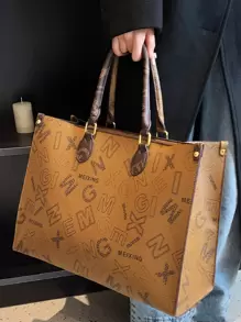 French Classic Print Travel Double Block Shopping Bag Super Large Capacity Commuting Versatile Tote Bag, Business Casual Bag For Women, Pefect For Office, Business And Work - 彩色 - 查看 1