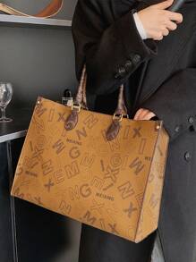 French Classic Print Travel Double Block Shopping Bag Super Large Capacity Commuting Versatile Tote Bag, Business Casual Bag For Women, Pefect For Office, Business And Work - 彩色 - 查看 2