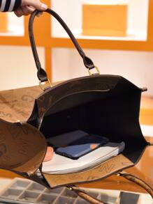 French Classic Print Travel Double Block Shopping Bag Super Large Capacity Commuting Versatile Tote Bag, Business Casual Bag For Women, Pefect For Office, Business And Work - 彩色 - 查看 3