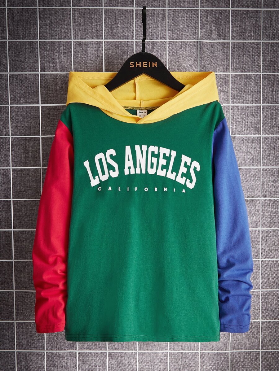 SHEIN Boys Letter Graphic Colourblock Hooded Tee - Multicolor - View 1
