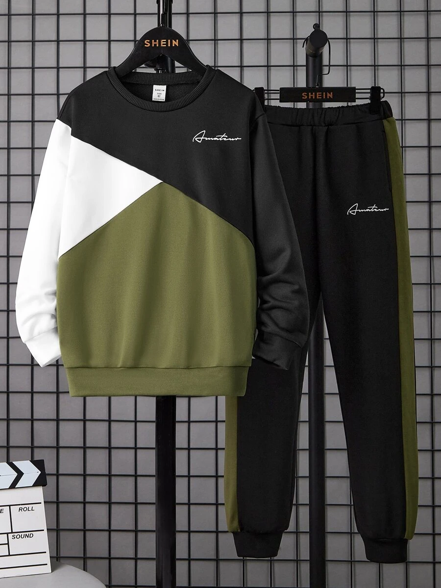 SHEIN Cậu bé Tween Đồ họa Chữ cái Khối màu Áo len & Quần nỉ - xanh quân đội - Xem 1