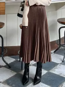 DAZY High Waist Pleated Skirt - Coffee Brown - View 1