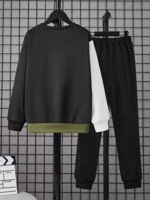 SHEIN Cậu bé Tween Đồ họa Chữ cái Khối màu Áo len & Quần nỉ - xanh quân đội - Xem 2