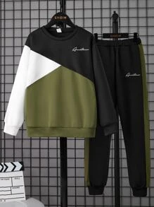 SHEIN Cậu bé Tween Đồ họa Chữ cái Khối màu Áo len & Quần nỉ - xanh quân đội - Xem 3