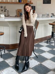 DAZY High Waist Pleated Skirt - Coffee Brown - View 4