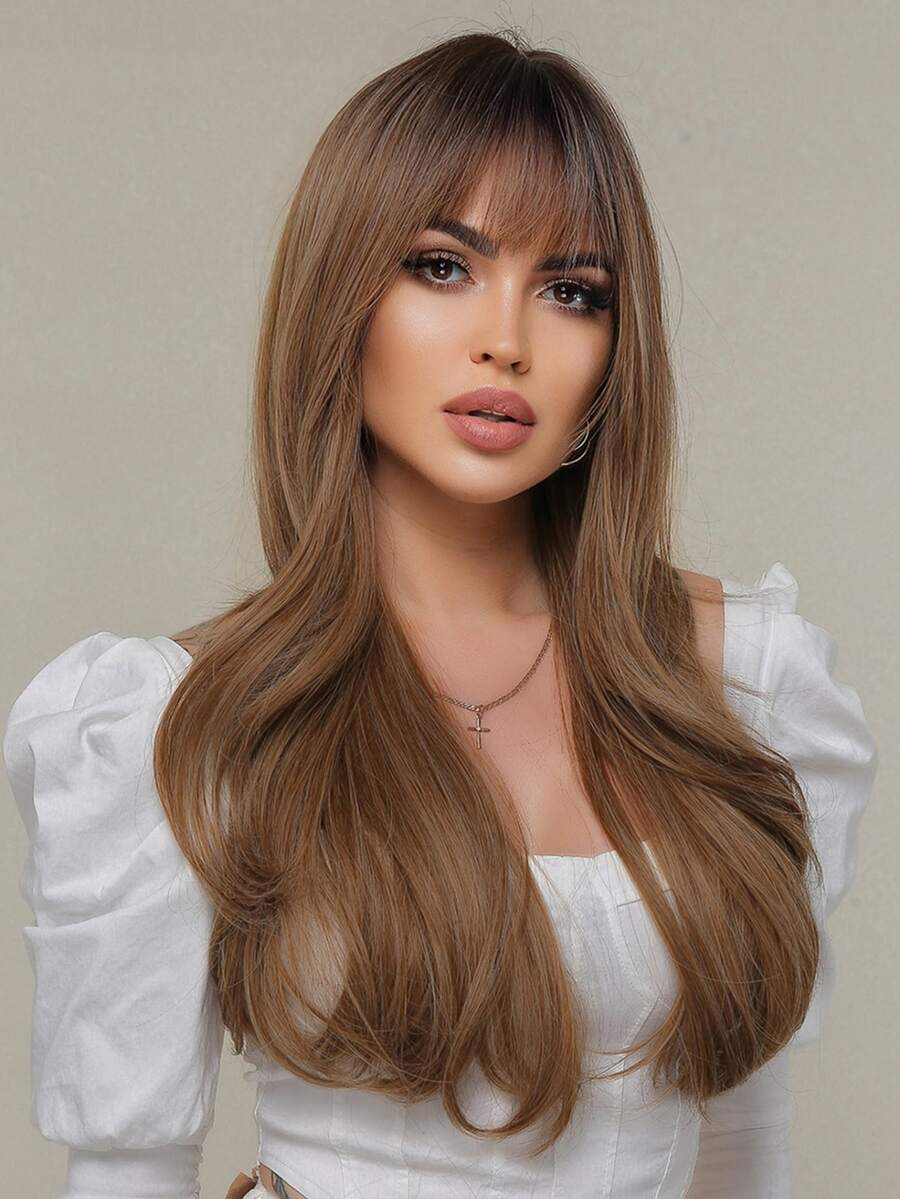 Peluca sintética largo rizado con tupe - Light Brown - Ver 1