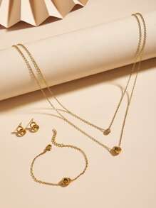 4 件女式 18K 镀金不锈钢双环扣双层项链、手链、耳环套装，适合生日、母亲节、情人节、约会之夜、舞会、婚礼、波西米亚风和海滩度假风格情人节、妈妈、母亲、母亲节、礼物 - 金黃色 - 查看 2