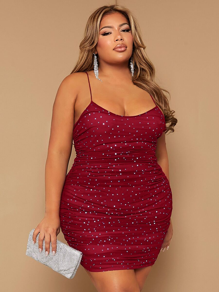 SHEIN SXY Vestido ajustado fruncido de malla - Burdeos - Ver 1