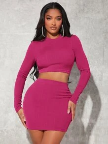 SHEIN SXY 素色短款T恤和包臀半身裙 - 中紫紅色 - 查看 2